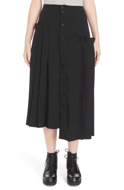 Shop Y's Pleated Button Front Wool Skirt In Black