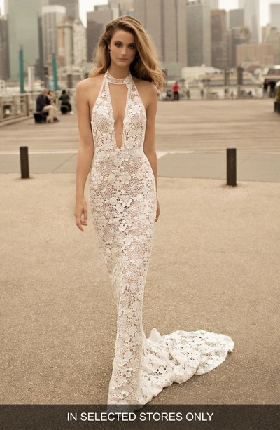 Shop Berta Choker-neck Lace Mermaid Gown In Ivory