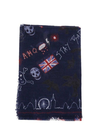 Shop Alexander Mcqueen Skull Motif Blend Silk Scarf In Navy