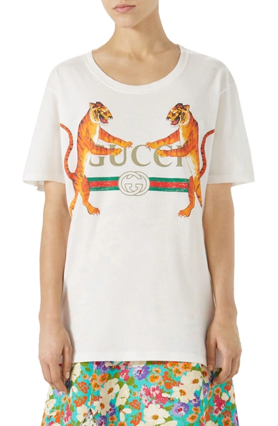 Shop Gucci Tiger Logo Cotton Tee In Ivory