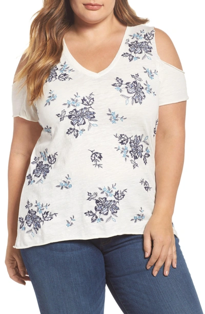 Shop Lucky Brand Embroidered Cold Shoulder Tee In Blue Multi