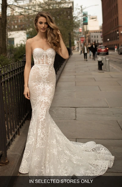 Shop Berta Strapless Lace Trumpet Gown In Ivory
