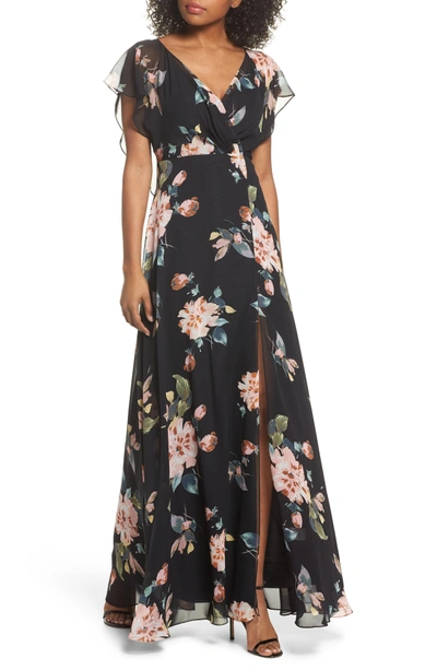 Shop Jenny Yoo Alanna Ohana Print Open Back Print Chiffon Gown In Black Multi