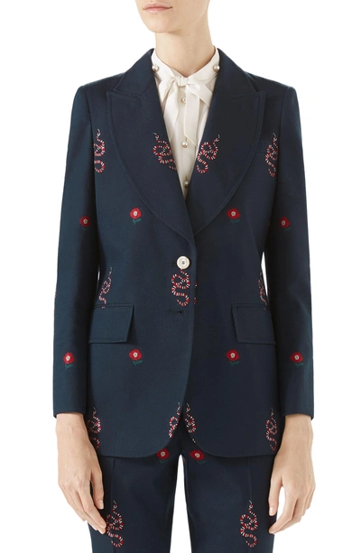 Shop Gucci Snake Embroidered Cotton Blazer In Ink/ Hibiscus Red/ Multi