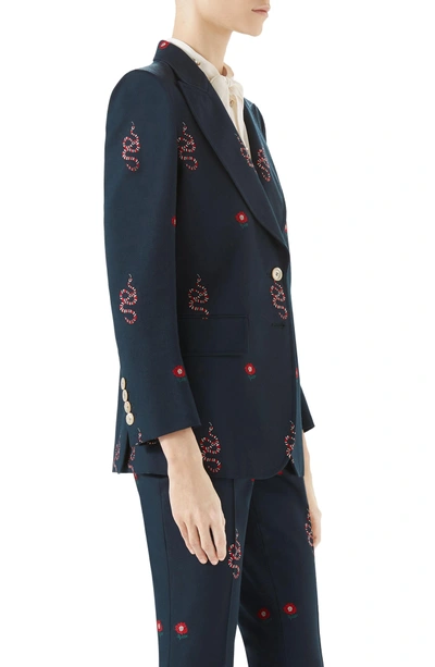 Shop Gucci Snake Embroidered Cotton Blazer In Ink/ Hibiscus Red/ Multi
