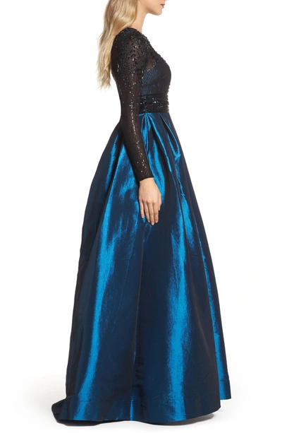 Shop Mac Duggal Long Sleeve Taffeta Ballgown In Teal