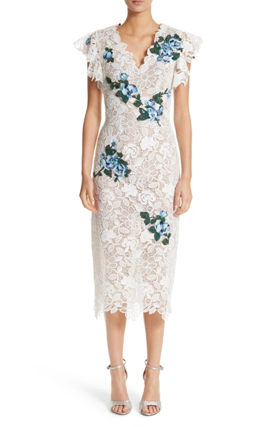 Shop Monique Lhuillier Ruffle & Applique Lace Sheath Dress In Silk White Multi