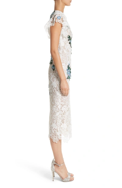 Shop Monique Lhuillier Ruffle & Applique Lace Sheath Dress In Silk White Multi