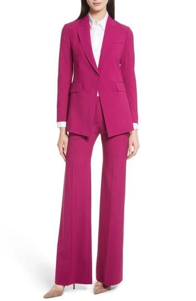 Shop Theory Demetria 2 Flare Leg Good Wool Suit Pants In Electric Pink
