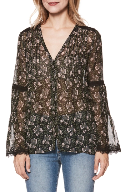 Shop Paige Clio Floral Bell Sleeve Silk Blouse In Storm Cloud Floral