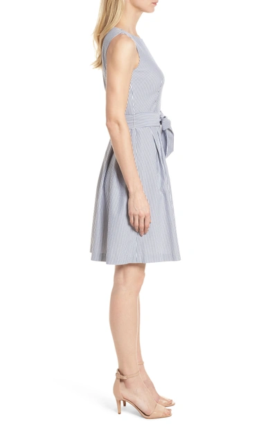 Shop Anne Klein Seersucker Fit & Flare Dress In Optic White/ Breton Blue