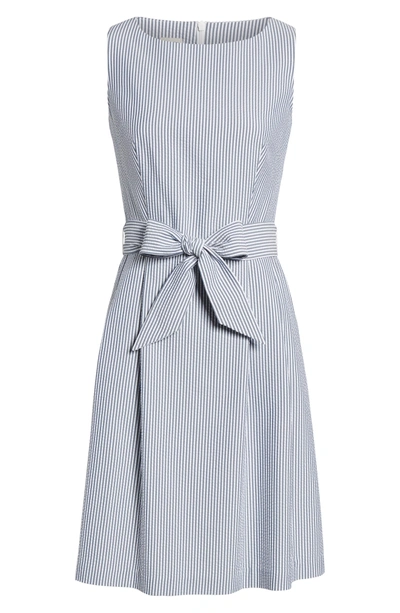Shop Anne Klein Seersucker Fit & Flare Dress In Optic White/ Breton Blue