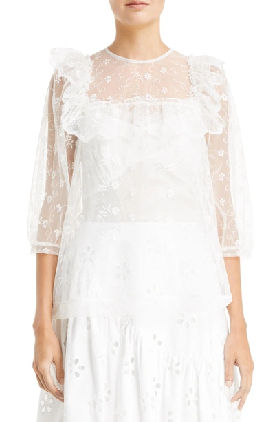 Shop Simone Rocha Frilled Bib Embroidered Tulle Top In Ivory