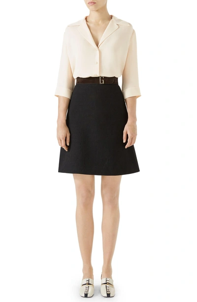 Shop Gucci Linen Skirt With Suede Belt In Black