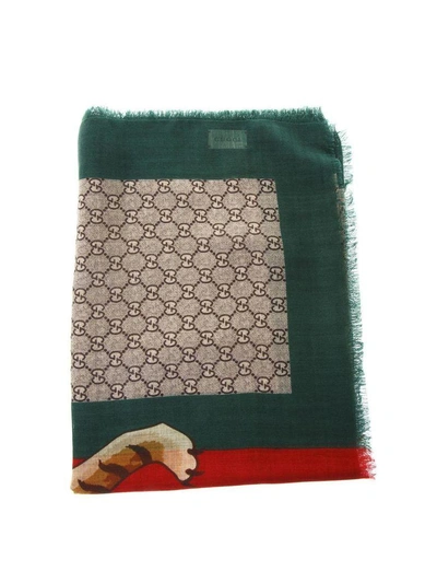 Shop Gucci Tiger Print Gg Motif Wool Scarf In Green-red