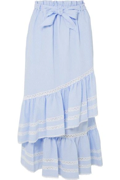 Shop Jonathan Simkhai Lace-trimmed Striped Seersucker Maxi Skirt In Light Blue