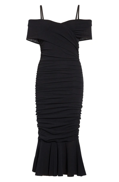 Shop Fuzzi Ruched Tulle Cold Shoulder Dress In Nero