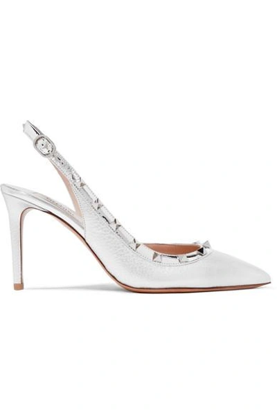 Shop Valentino The Rockstud Metallic Textured-leather Slingback Pumps In Silver
