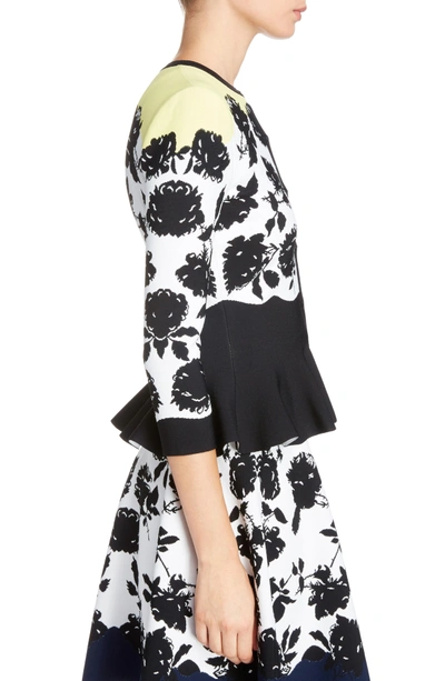 Shop Alexander Mcqueen Rose Jacquard Peplum Cardigan In Ivory/ Black/ Yellow