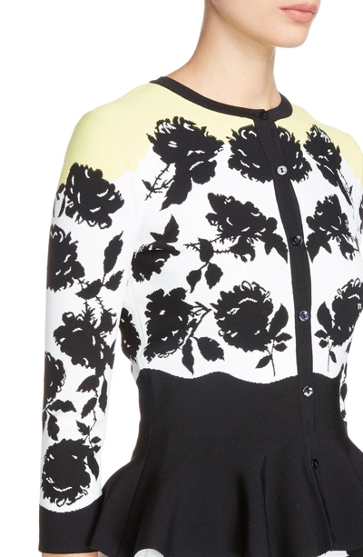 Shop Alexander Mcqueen Rose Jacquard Peplum Cardigan In Ivory/ Black/ Yellow