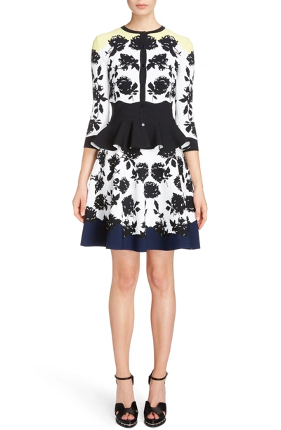 Shop Alexander Mcqueen Rose Jacquard Peplum Cardigan In Ivory/ Black/ Yellow