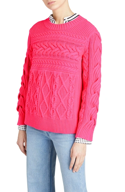 Shop Burberry Tolman Aran Knit Sweater In Bright Rose Pink