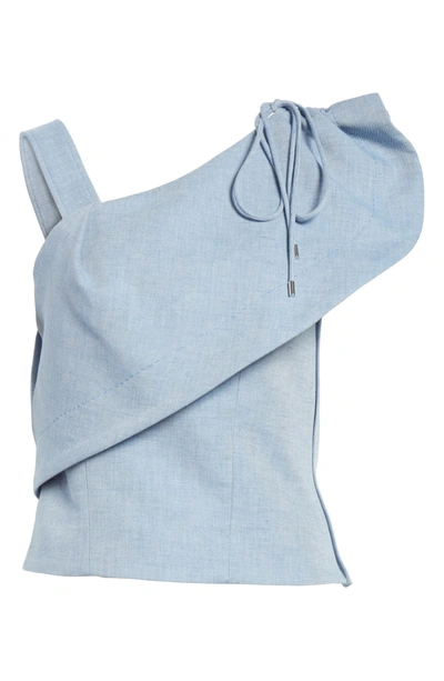 Shop Carven One-shoulder Cotton & Linen Blend Top In Bleu Acier