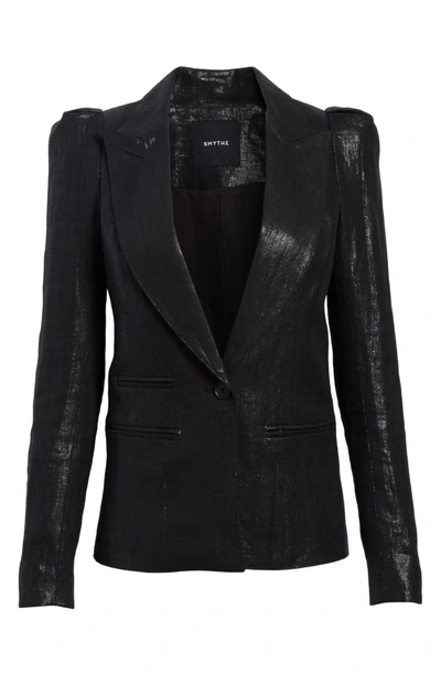 Shop Smythe Metallic Linen Puff Sleeve Blazer In Black Luster