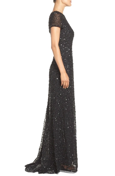 Adrianna Papell Short Sleeve Sequin Mesh Gown In Black
