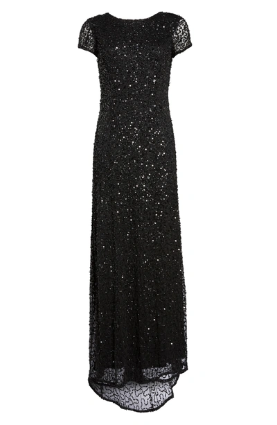 Adrianna Papell Short Sleeve Sequin Mesh Gown In Black