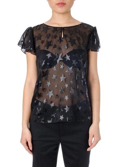 Shop Saint Laurent Stars Printed Chiffon Blouse In Black