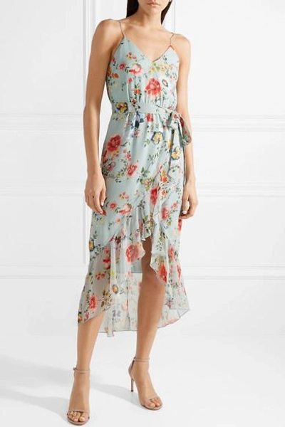 Shop Alice And Olivia Mable Wrap-effect Floral-print Silk-georgette Midi Dress In Light Blue