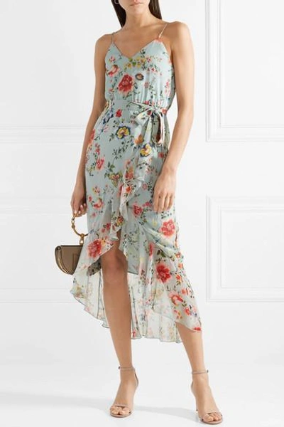 Shop Alice And Olivia Mable Wrap-effect Floral-print Silk-georgette Midi Dress In Light Blue