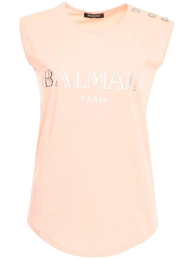 Shop Balmain Logo Print Top In Rose Palerosa