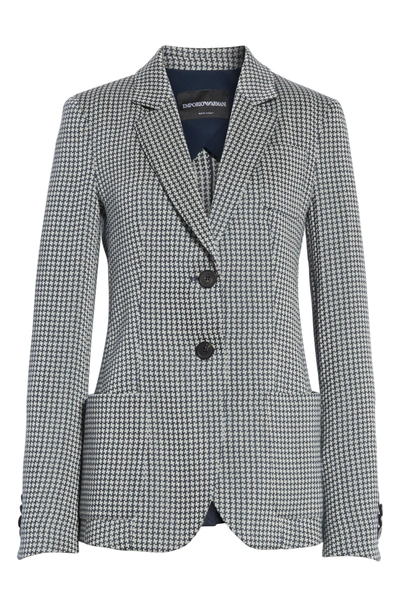 Shop Emporio Armani Micro Houndstooth Linen, Wool & Silk Blazer In Blue / Grey