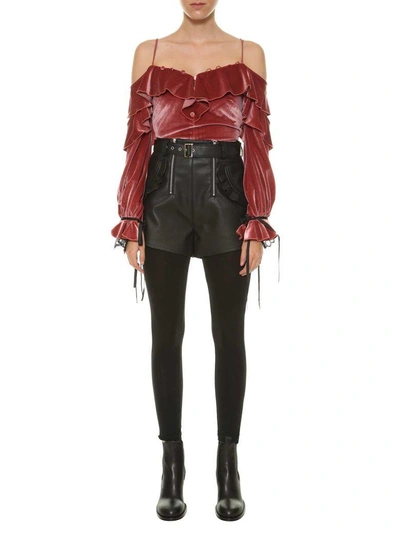 Shop Self-portrait Faux Leather Shorts In Black