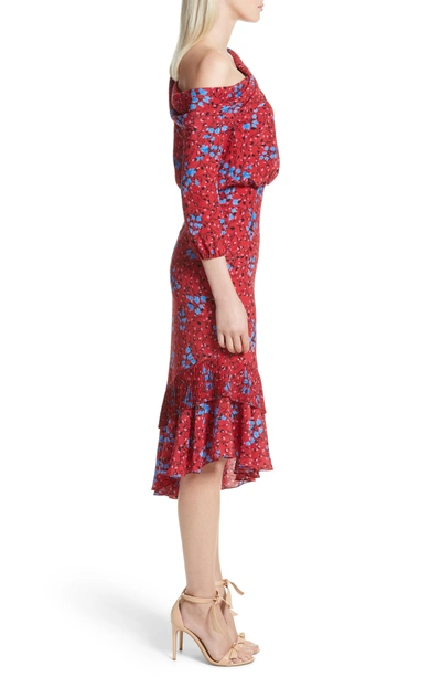 Shop Saloni Lexie Floral Print Silk Off The Shoulder Dress In Scarlet Posey