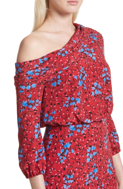Shop Saloni Lexie Floral Print Silk Off The Shoulder Dress In Scarlet Posey