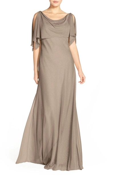 Shop Jenny Yoo Devon Glitter Knit Gown With Detachable Capelet In Taupe