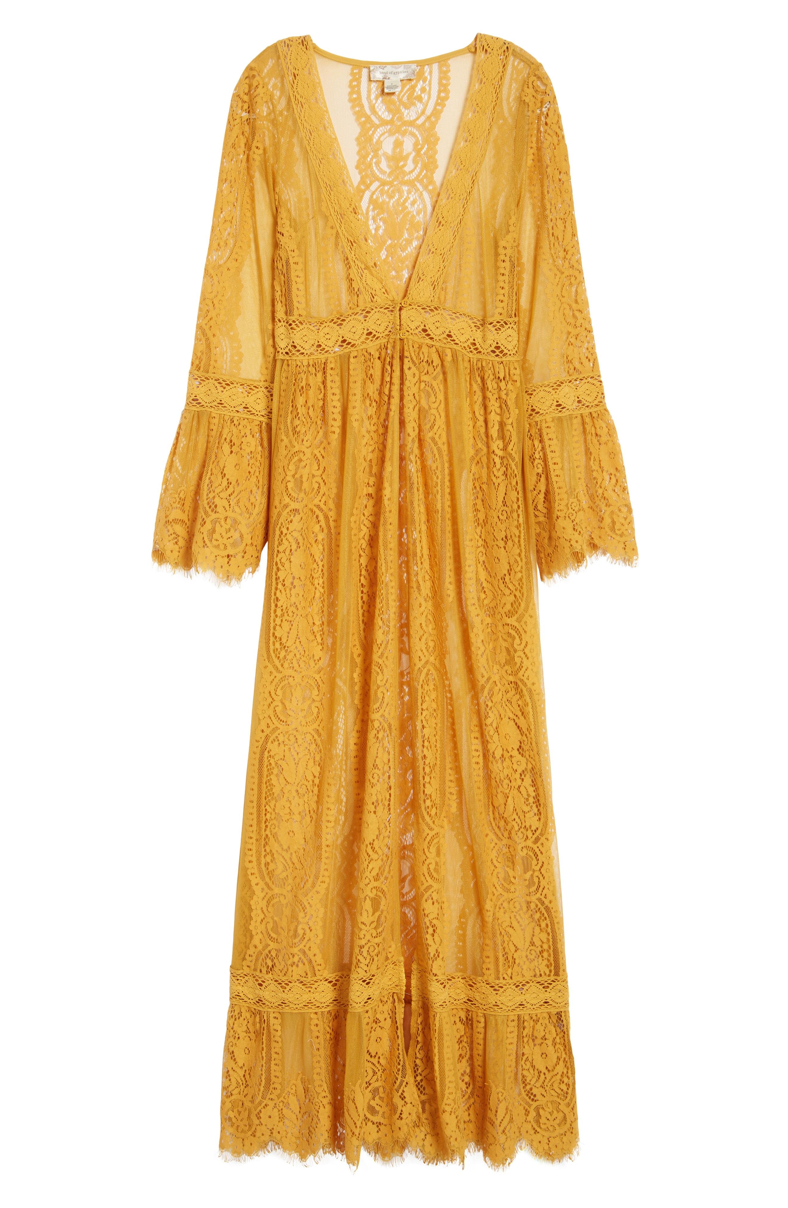 Band Of Gypsies Lace Bell Sleeve Duster In Mustard | ModeSens