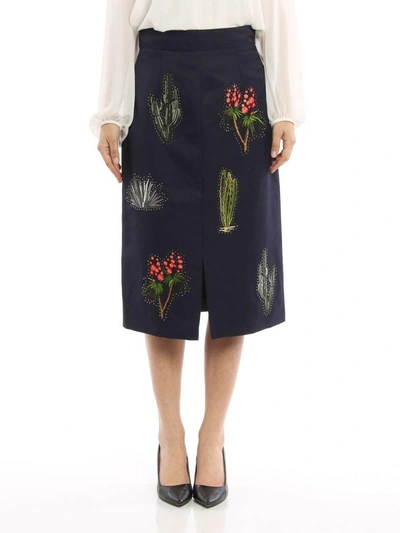 Shop Stella Mccartney Cactus Embroidered Pencil Skirt In Blue