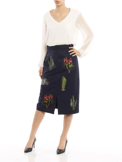 Shop Stella Mccartney Cactus Embroidered Pencil Skirt In Blue