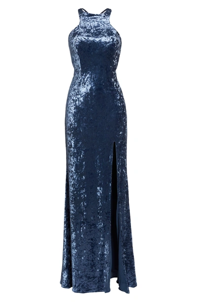 Shop La Femme Strappy Crushed Velvet Gown In Slate Blue