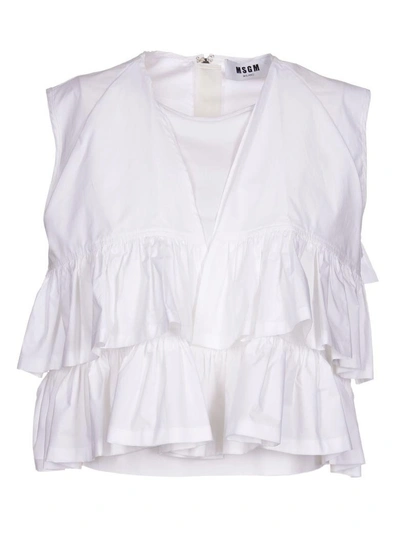 Shop Msgm Layered Ruffle Cropped Blouse In White