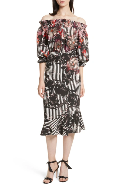 Shop Saloni Grace Print Silk Off The Shoulder Dress In Flower Stripe Plmt