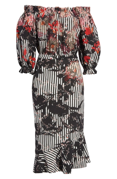 Shop Saloni Grace Print Silk Off The Shoulder Dress In Flower Stripe Plmt