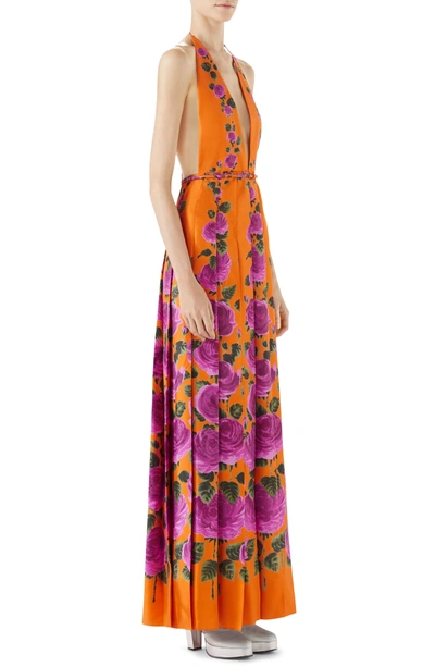 Shop Gucci Rose Print Silk Halter Maxi Dress In Orange-pink