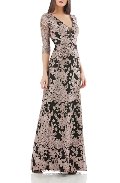 Shop Js Collections Embroidered Lace Gown In Stone/ Black