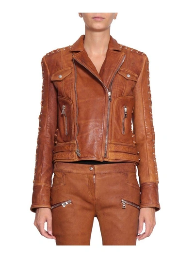 Shop Balmain Leather Jacket In Marrone