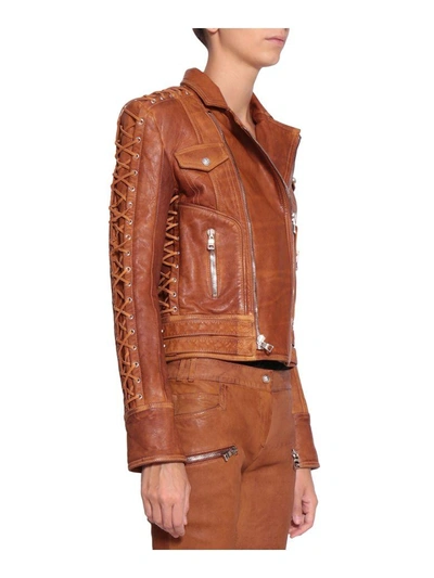 Shop Balmain Leather Jacket In Marrone